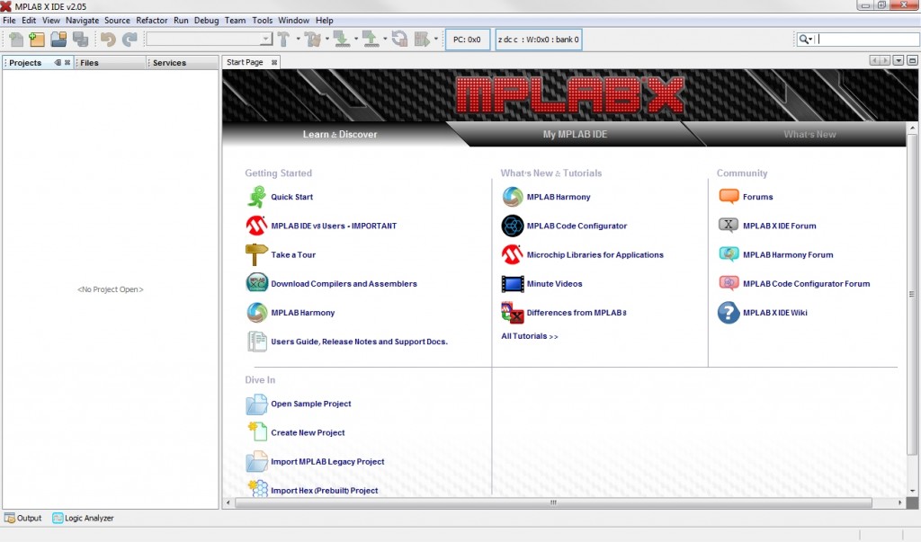 מסך הפתיחה של MPLAB X