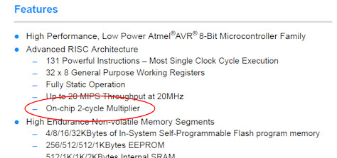 אזכור כפל בחומרה, בדף הראשון ב-datasheet של ATmega328