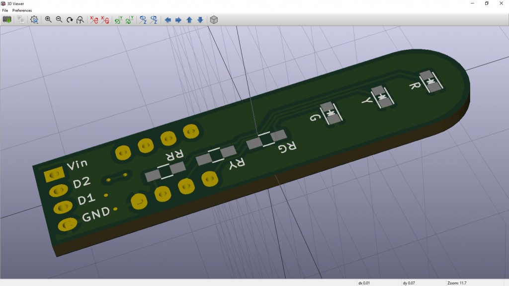 תצוגה בתלת-ממד של ה-PCB, באותה תוכנה (לחצו להגדלה)