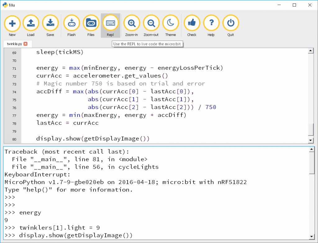 ה-REPL של Mu Editor בפעולה