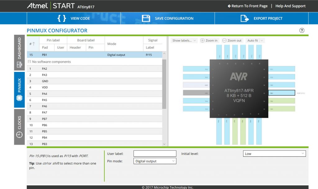 הגדרת פינים בסביבת הפיתוח המקוונת Atmel Start