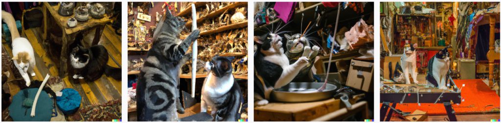 חתולים בוחרים אביזרים למופע בחנות קסמים, על פי DALL·E 