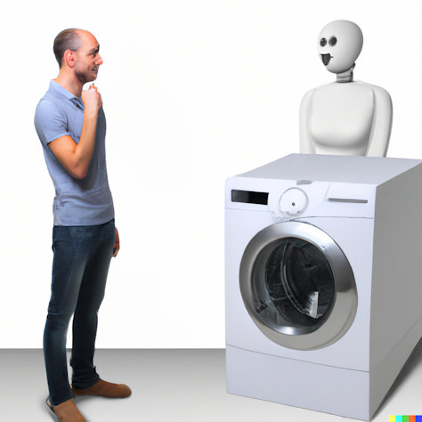 אדם משוחח עם רובוט על מכונות כביסה, לפי DALL-E