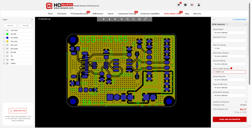 דף התצוגה של NextPCB Online Gerber Viewer